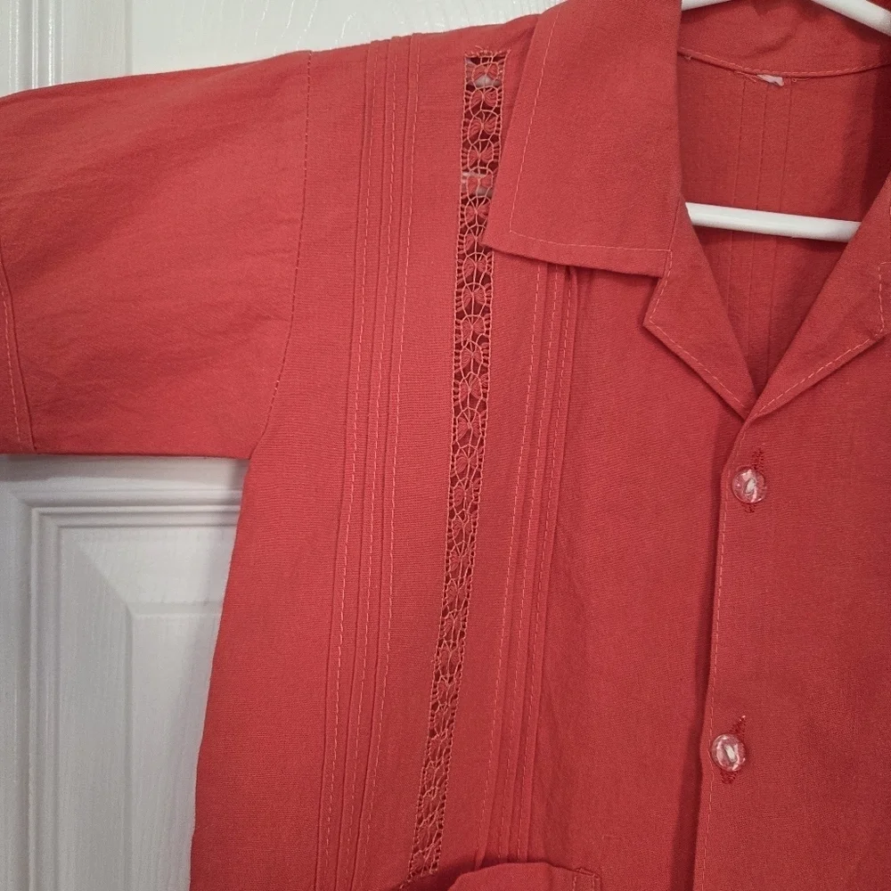 Handmade Boys Coral Salmon Embroidery Button down Size 6 Summer Spring Beach - Picture 4 of 7